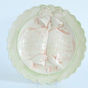 Gare Inc Vintage Ceramic Wedding Commemorative Plate Holy Bible Green Pink 9.5"